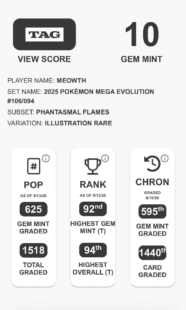 Meowth 106/094 Illustration Rare – Phantasmal Flames – TAG 10 Gem Mint