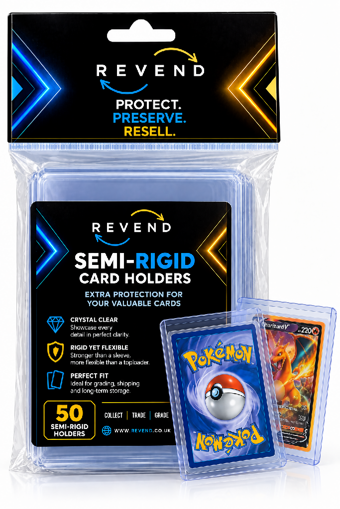 Revend Premium Semi-Rigid Card Holders | 50 Pack