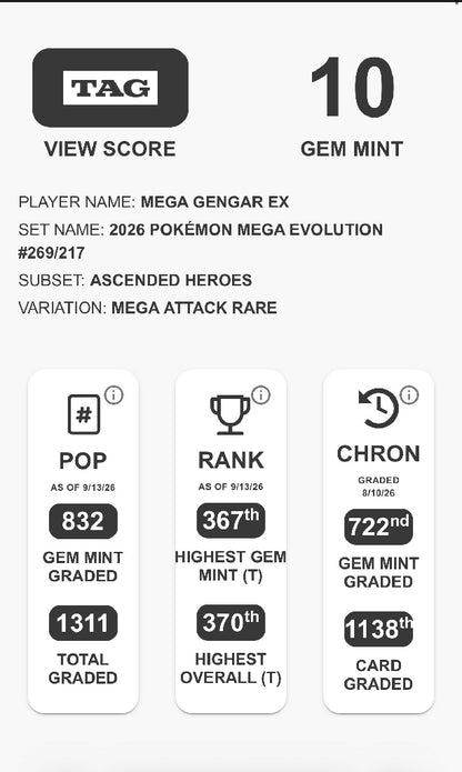 Mega Gengar ex 269/217 Mega Attack Rare – TAG 10 Gem Mint